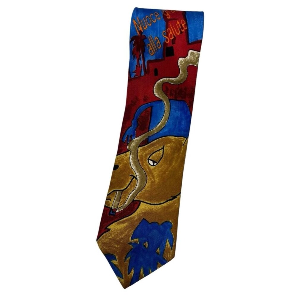 NWT ICEBERG Men's 100% Silk Necktie LUXURY Tie Blue Red Art Camel W:3.6"
